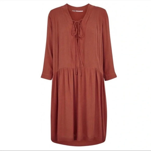 Just Female Terracotta Rust Red Canyon Tie Lace Up Front Smock Dress Size XS - Picture 11 of 11